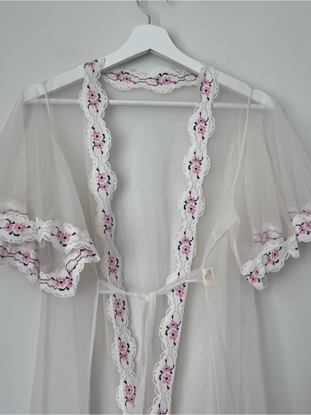 Sheer White Robe with Pink Floral Lace Trim